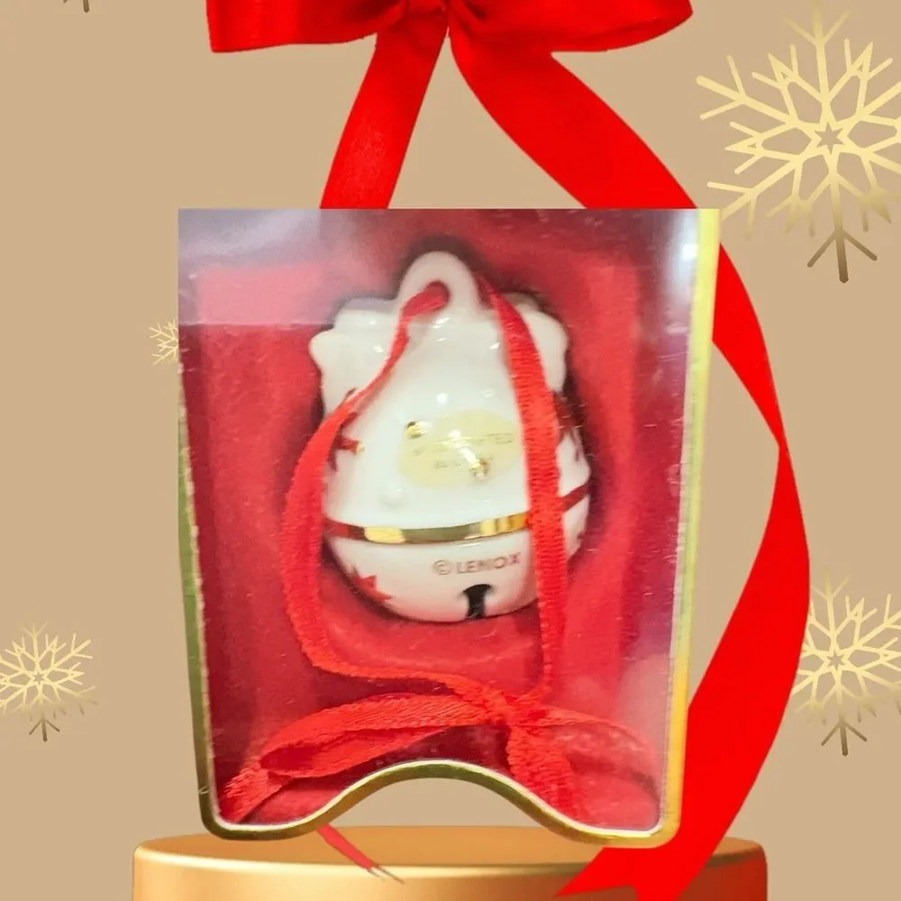 Lenox White and Gold‎ Bow Bell Ornament with Red Ribbon